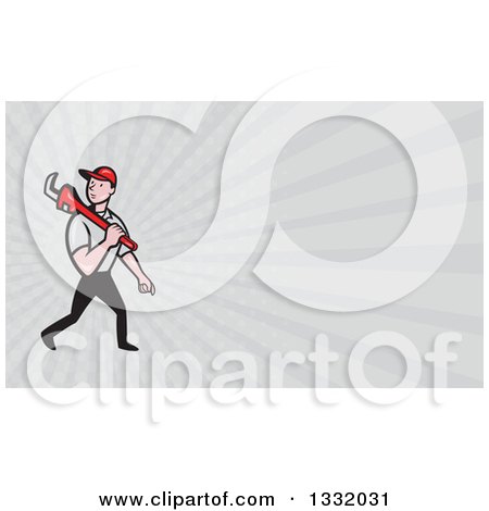 Clipart of a Cartoon White Male Plumber Walking with a Monkey Wrench and Taupe Rays Background or Business Card Design - Royalty Free Illustration by patrimonio