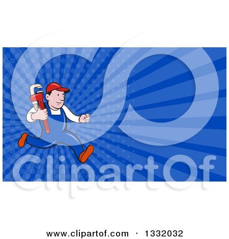 Clipart of a Cartoon White Male Plumber Running with a Monkey Wrench and Dark Blue Rays Background or Business Card Design - Royalty Free Illustration by patrimonio