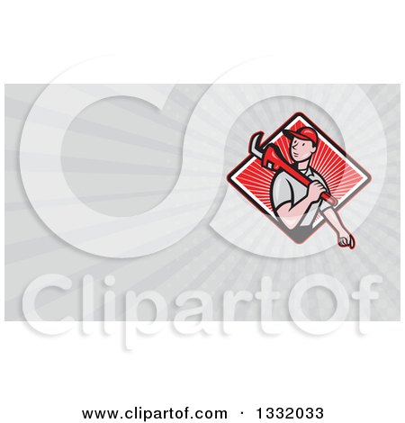 Clipart of a Cartoon White Male Plumber with a Monkey Wrench in a Diamond of Red Sunshine and Taupe Rays Background or Business Card Design - Royalty Free Illustration by patrimonio