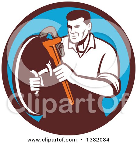 Clipart of a Retro Male Plumber Holding a Monkey Wrench and Shield in a Brown and Blue Circle - Royalty Free Vector Illustration by patrimonio