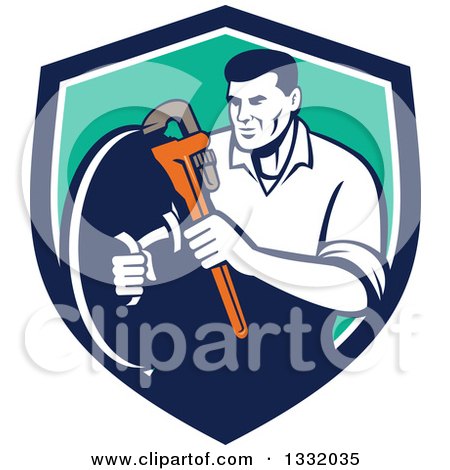 Clipart of a Retro Male Plumber Holding a Monkey Wrench and Shield in a Blue White and Turquoise Shield - Royalty Free Vector Illustration by patrimonio