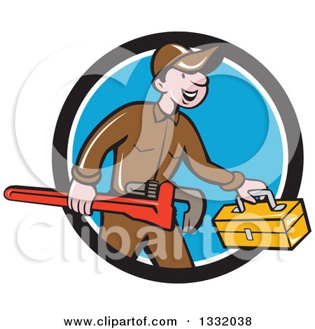 Clipart of a Cartoon White Male Plumber Carrying a Monkey Wrench and Tool Box in a Black White and Blue Circle - Royalty Free Vector Illustration by patrimonio