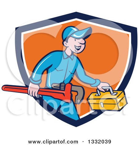 Clipart of a Cartoon White Male Plumber Carrying a Monkey Wrench and Tool Box in a Blue White and Orange Shield - Royalty Free Vector Illustration by patrimonio