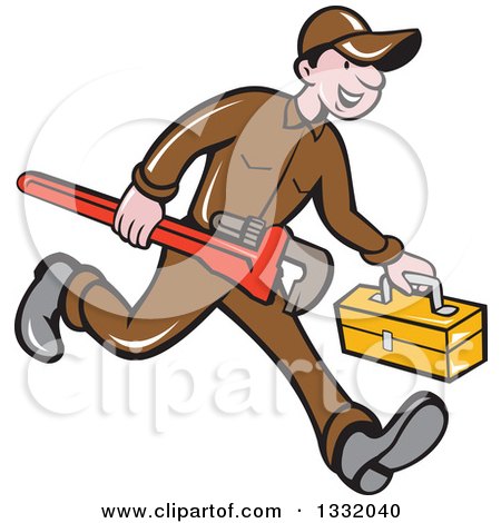 Clipart of a Cartoon White Male Plumber Running with a Monkey Wrench and Tool Box - Royalty Free Vector Illustration by patrimonio