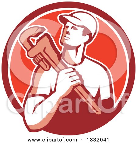 Clipart of a Retro Male Plumber Holding a Monkey Wrench in a Red and White Circle - Royalty Free Vector Illustration by patrimonio