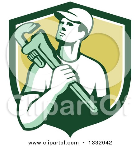 Clipart of a Retro Male Plumber Holding a Monkey Wrench in a Green and White Shield - Royalty Free Vector Illustration by patrimonio