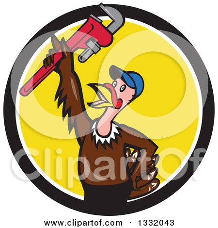 Clipart of a Cartoon Turkey Bird Plumber Holding up a Monkey Wrench in a Black White and Yellow Circle - Royalty Free Vector Illustration by patrimonio
