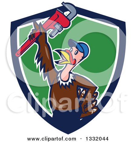 Clipart of a Cartoon Turkey Bird Plumber Holding up a Monkey Wrench in a Navy Blue White and Green Shield - Royalty Free Vector Illustration by patrimonio