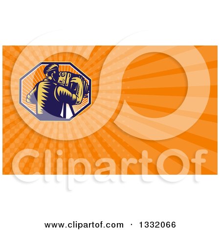 Clipart of a Retro Woodcut Photographer Using a Bellows Camera and Orange Rays Background or Business Card Design - Royalty Free Illustration by patrimonio