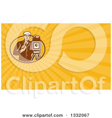 Clipart of a Retro Photographer Using a Bellows Camera and Orange Yellow Rays Background or Business Card Design - Royalty Free Illustration by patrimonio