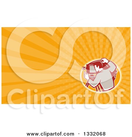Clipart of a Retro Photographer Using a Bellows Camera and Orange Rays Background or Business Card Design - Royalty Free Illustration by patrimonio