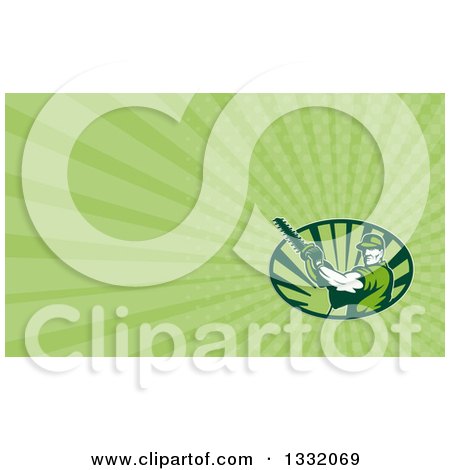 Clipart of a Retro Male Arborist Using a Chain Saw and Green Rays Background or Business Card Design - Royalty Free Illustration by patrimonio