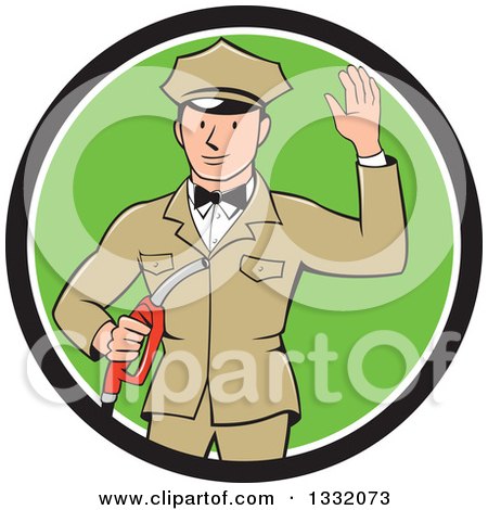 Clipart of a Retro White Male Gas Station Attendant Jockey Holding a Nozzle and Waving in a Black White and Green Circle - Royalty Free Vector Illustration by patrimonio