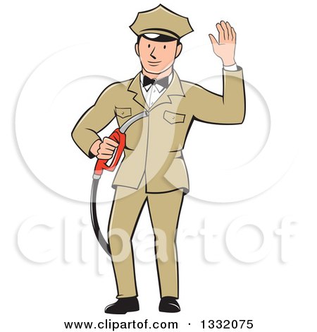 Clipart of a Retro White Male Gas Station Attendant Jockey Holding a Nozzle and Waving - Royalty Free Vector Illustration by patrimonio