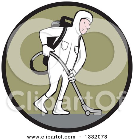 Clipart of a Cartoon White Male Industrial Janitor Wearing a Biohazard Suit and Vacuuming with a Back Pack in a Black and Green Circle - Royalty Free Vector Illustration by patrimonio