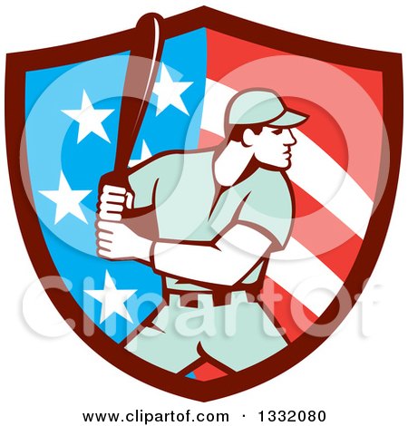 Clipart of a Retro Male Baseball Player Batting Inside an American Stars and Stripes Shield - Royalty Free Vector Illustration by patrimonio