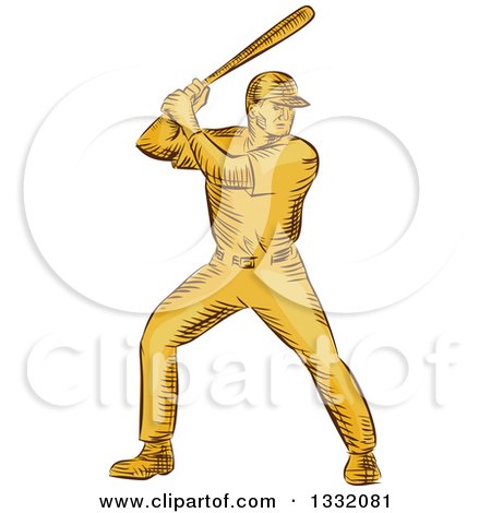 Clipart of a Retro Sketched or Engraved Yellow Baseball Player Batting - Royalty Free Vector Illustration by patrimonio