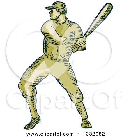 Clipart of a Retro Sketched or Engraved Baseball Player Batting - Royalty Free Vector Illustration by patrimonio