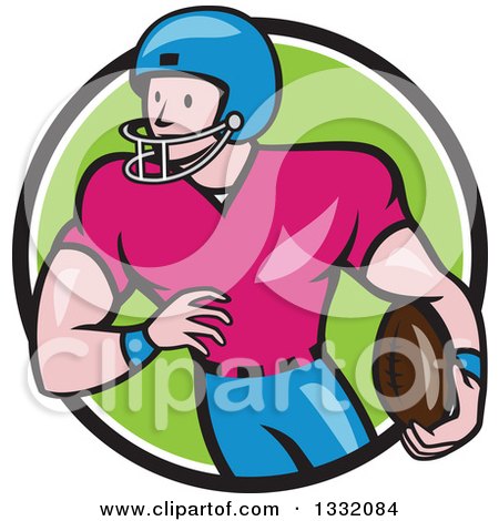 Clipart of a Cartoon White Male Girdiron Player with a Football in Hand Inside a Black White and Green Circle - Royalty Free Vector Illustration by patrimonio