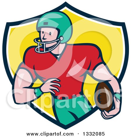 Clipart of a Cartoon White Male Girdiron Player with a Football in Hand Inside a Black White and Yellow Shield - Royalty Free Vector Illustration by patrimonio