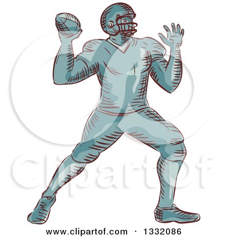 Clipart of a Retro Sketched or Engraved American Football Player Throwing - Royalty Free Vector Illustration by patrimonio