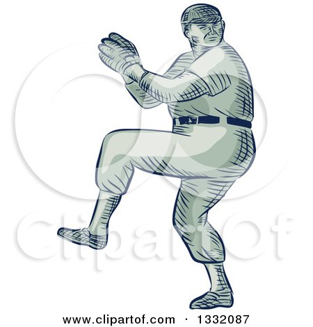 Clipart of a Retro Sketched or Engraved Baseball Player Pitching - Royalty Free Vector Illustration by patrimonio