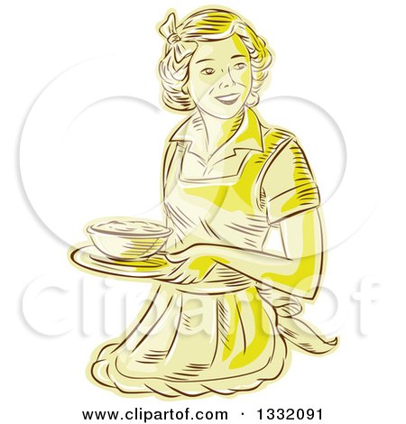 Clipart of a Retro Sketched or Engraved Yellow Housewife or Waitress Wearing an Apron and Serving a Bowl of Food - Royalty Free Vector Illustration by patrimonio