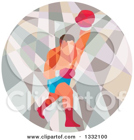 Clipart of a Retro Low Poly Geometric Male Boxer Punching in a Circle - Royalty Free Vector Illustration by patrimonio
