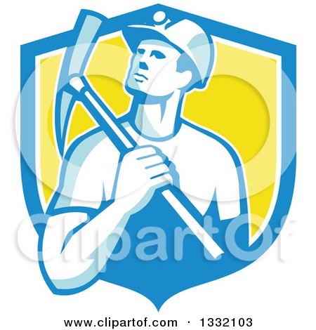 Clipart of a Retro Male Coal Miner Holding a Pickaxe in a Blue White and Yellow Shield - Royalty Free Vector Illustration by patrimonio