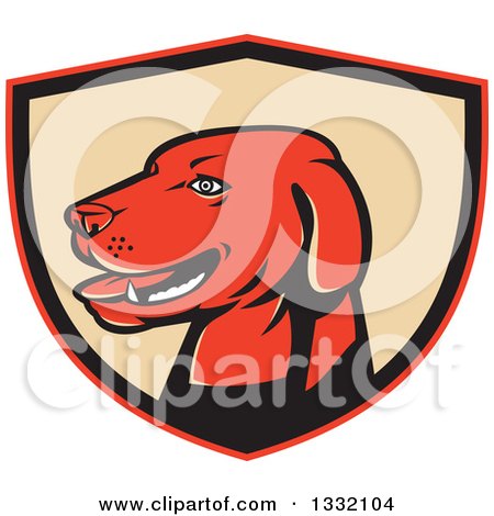 Clipart of a Retro Labrador Retriever Dog Head in a Red Black and Tan Shield - Royalty Free Vector Illustration by patrimonio