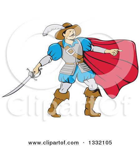 Clipart of a Cartoon Musketeer with a Cape, Pointing and Holding a Sword - Royalty Free Vector Illustration by patrimonio