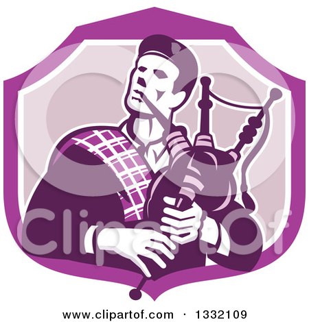 Clipart of a Retro Male Scotsman Bagpiper in a Purple and White Shield - Royalty Free Vector Illustration by patrimonio
