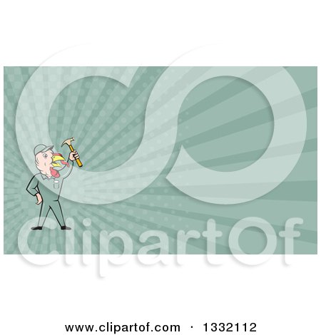 Clipart of a Cartoon Turkey Bird Builder Worker Holding up a Hammer and Sage Green Rays Background or Business Card Design - Royalty Free Illustration by patrimonio