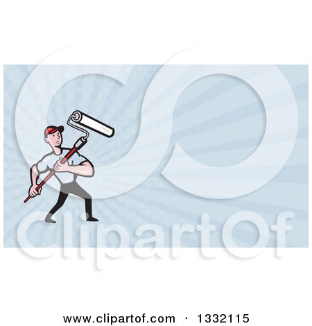 Clipart of a Cartoon Male House Painter with a Roller Brush and Pastel Blue Rays Background or Business Card Design - Royalty Free Illustration by patrimonio