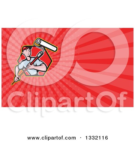 Clipart of a Cartoon Male House Painter with a Roller Brush and Red Rays Background or Business Card Design - Royalty Free Illustration by patrimonio