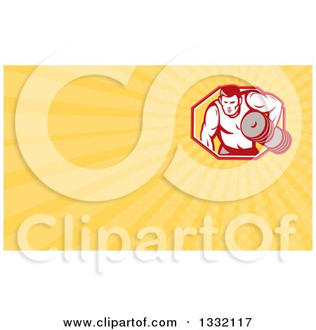 Clipart of a Retro Buff Bodybuilder Lifting Heavy Weights and Yellow Rays Background or Business Card Design - Royalty Free Illustration by patrimonio