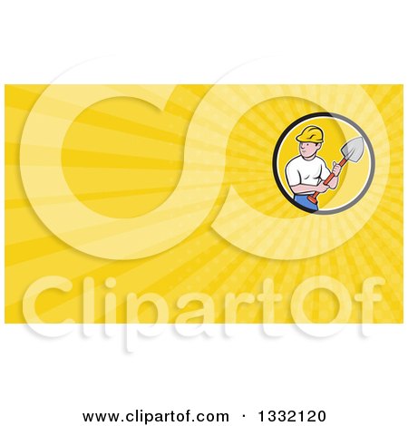 Clipart of a Cartoon White Male Construction Worker Builder Holding a Shovel and Yellow Rays Background or Business Card Design - Royalty Free Illustration by patrimonio