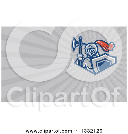 Clipart of a Retro Knight with an Axe and Shield and Gray Rays Background or Business Card Design - Royalty Free Illustration by patrimonio