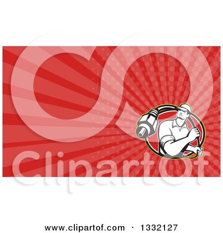 Clipart of a Retro Cable Guy and Red Rays Background or Business Card Design - Royalty Free Illustration by patrimonio