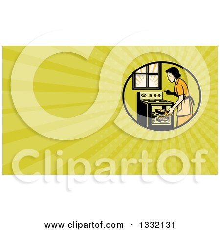Clipart of a Retro Housewife Cooking Fresh Bread in an Oven and Green Rays Background or Business Card Design - Royalty Free Illustration by patrimonio