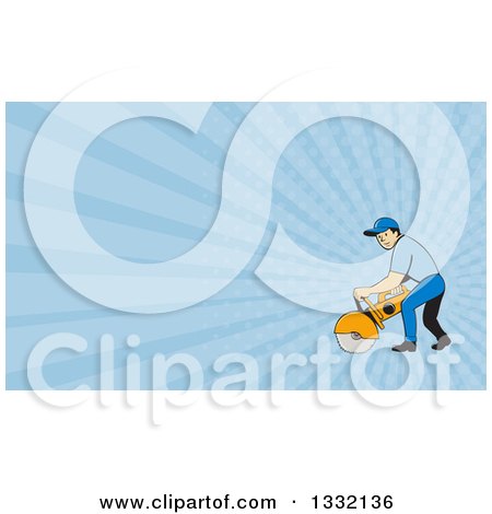Clipart of a Cartoon White Male Construction Worker Using a Concrete Cutter Tool and Blue Rays Background or Business Card Design - Royalty Free Illustration by patrimonio