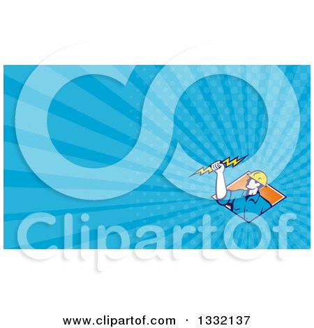 Clipart of a Retro Male Electrician Holding a Bolt over a Diamond of Orange Rays and Blue Rays Background or Business Card Design - Royalty Free Illustration by patrimonio
