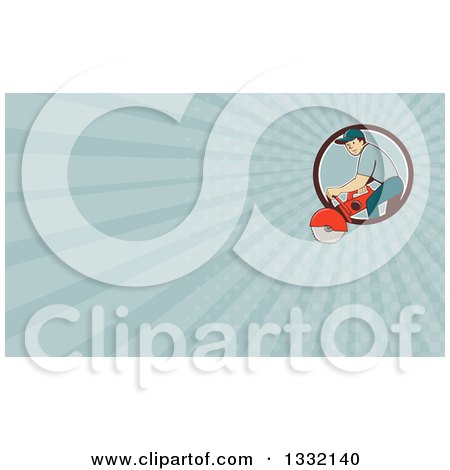 Clipart of a Retro Cartoon White Male Construction Worker Using a Concrete Cutter Tool and Turquoise Rays Background or Business Card Design - Royalty Free Illustration by patrimonio