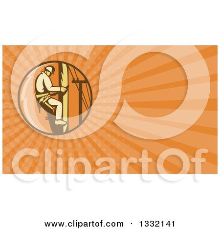 Clipart of a Retro Lineman Climbing a Pole and Orange Rays Background or Business Card Design - Royalty Free Illustration by patrimonio