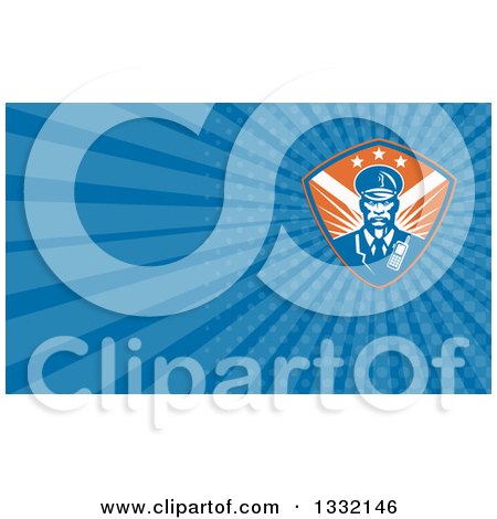 Clipart of a Retro Black Security Guard over a Blue and Orange Shield and Blue Rays Background or Business Card Design - Royalty Free Illustration by patrimonio