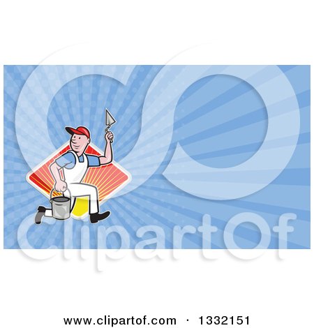 Clipart of a Cartoon Plasterer Construction Worker Running with Trowel and Pail over a Diamond of Sunshine and Blue Rays Background or Business Card Design - Royalty Free Illustration by patrimonio