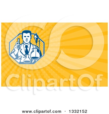 Clipart of a Retro Scientist Working with Lab Equipment in a Ray Octagon and Orange Rays Background or Business Card Design - Royalty Free Illustration by patrimonio