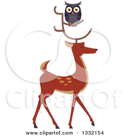 Clipart of a Gray Owl on a Buck Deers Antlers - Royalty Free Vector Illustration by BNP Design Studio