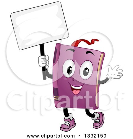 Clipart of a Cartoon Book Character Waving and Holding a Blank Sign - Royalty Free Vector Illustration by BNP Design Studio