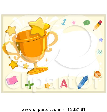 Clipart of a Gold Trophy with Stars and School Items Making a Border - Royalty Free Vector Illustration by BNP Design Studio
